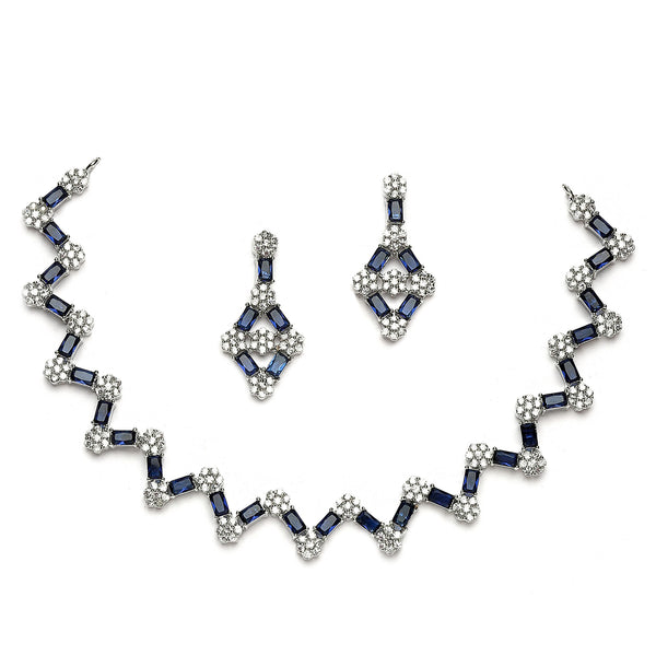 Rhodium-Plated Navy Blue American Diamond Studded Necklace With Earrings Jewellery Set