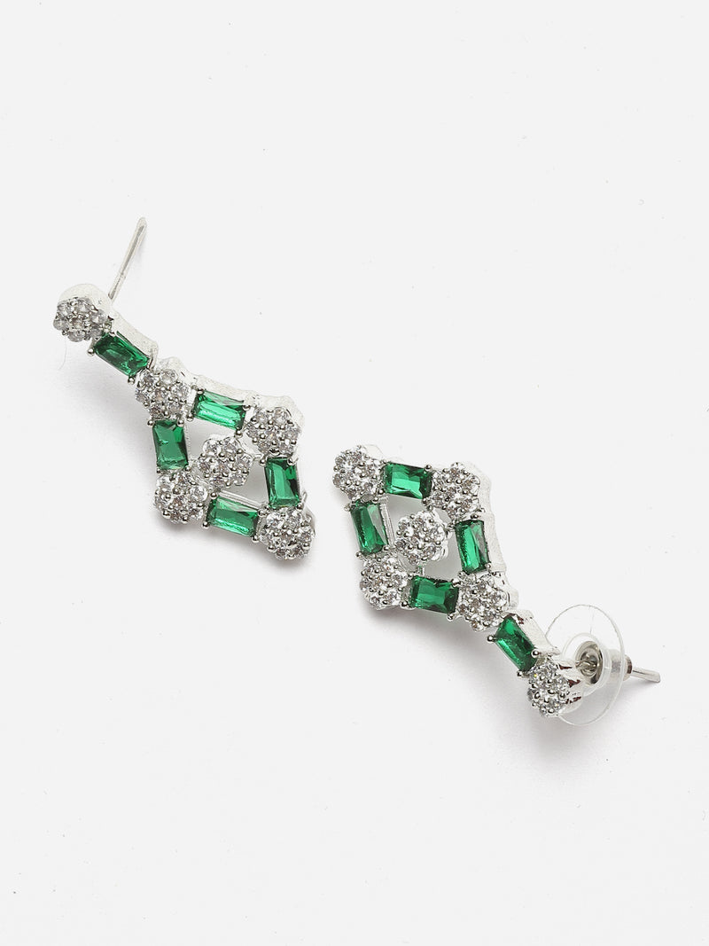 Rhodium-Plated Green American Diamond Studded Necklace With Earrings Jewellery Set