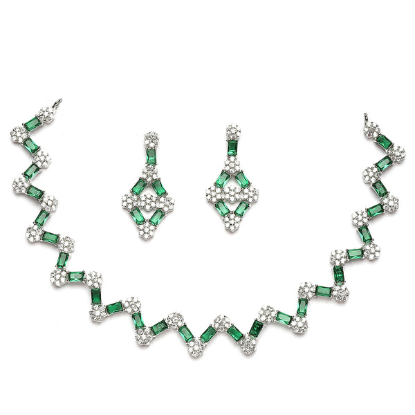 Rhodium-Plated Green American Diamond Studded Necklace With Earrings Jewellery Set