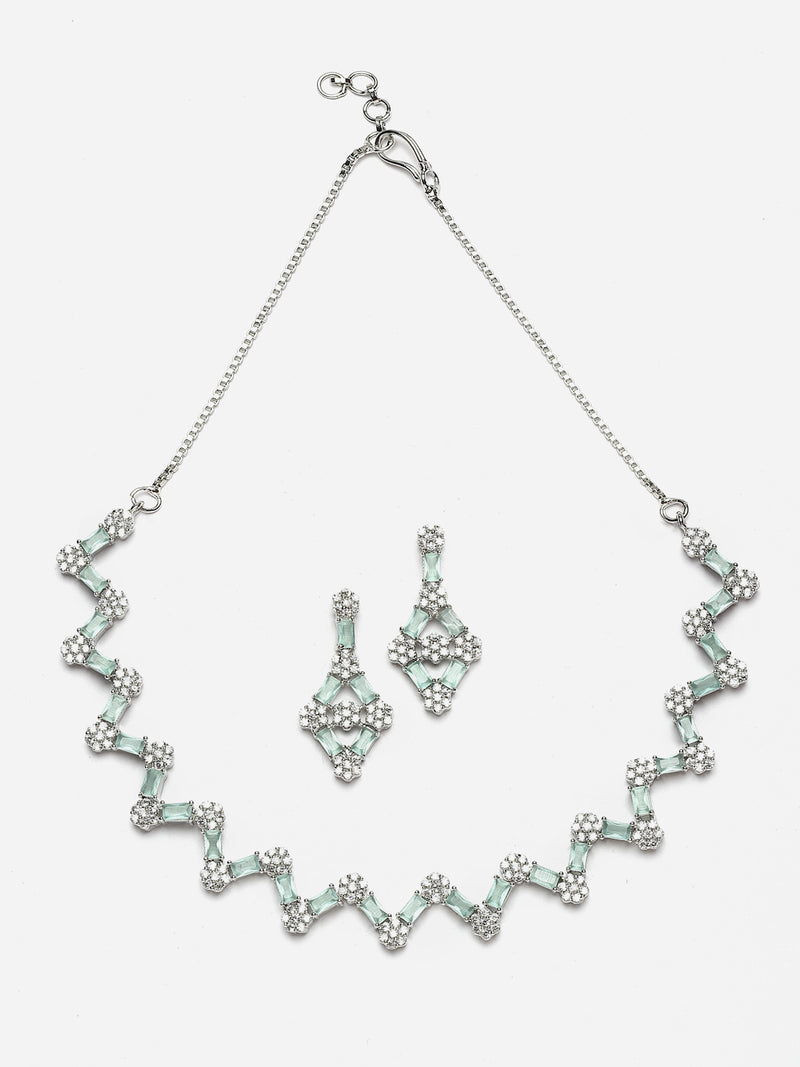 Rhodium-Plated Sea Green American Diamond Studded Necklace With Earrings Jewellery Set
