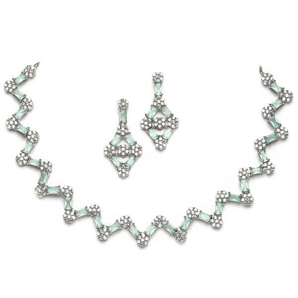 Rhodium-Plated Sea Green American Diamond Studded Necklace With Earrings Jewellery Set
