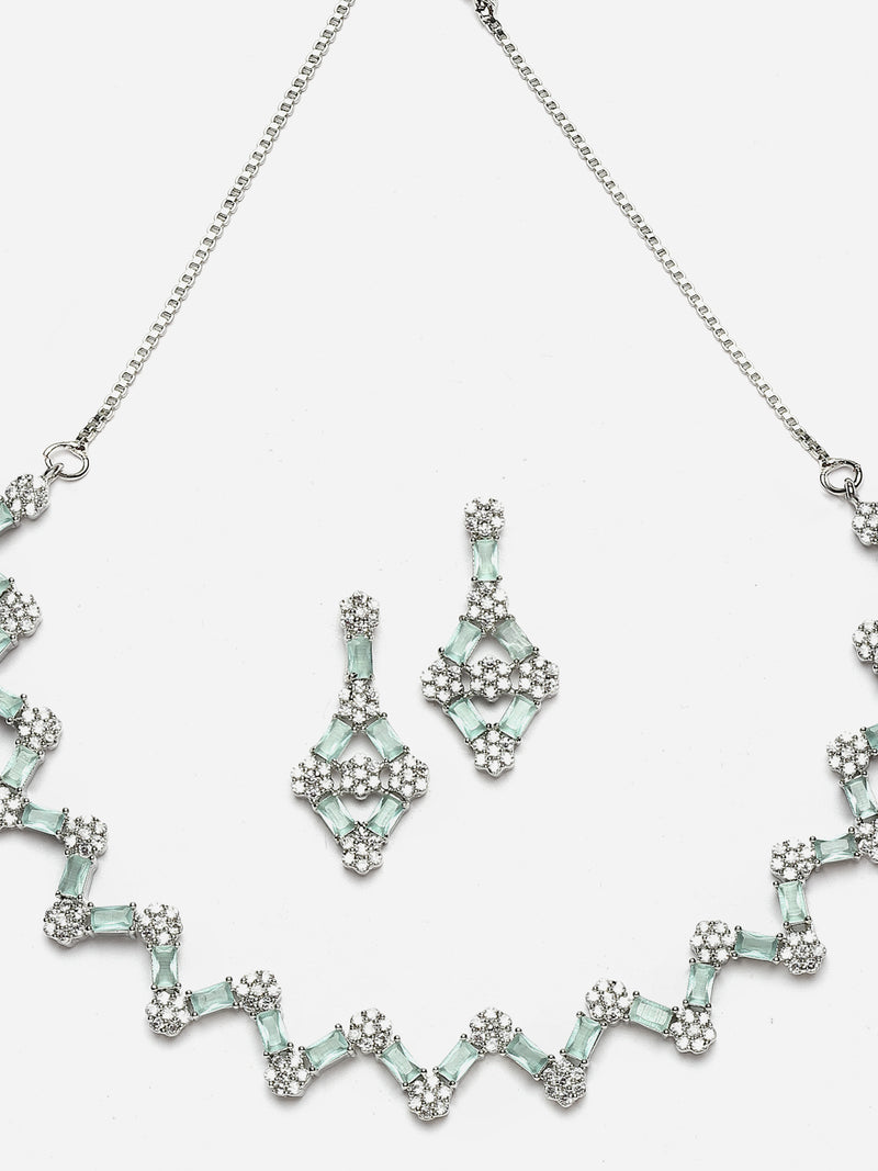 Rhodium-Plated Sea Green American Diamond Studded Necklace With Earrings Jewellery Set