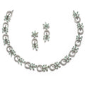 Rhodium Plated Leafy Motif Sea Green American Diamond Ethnic Necklace Jewellery Set