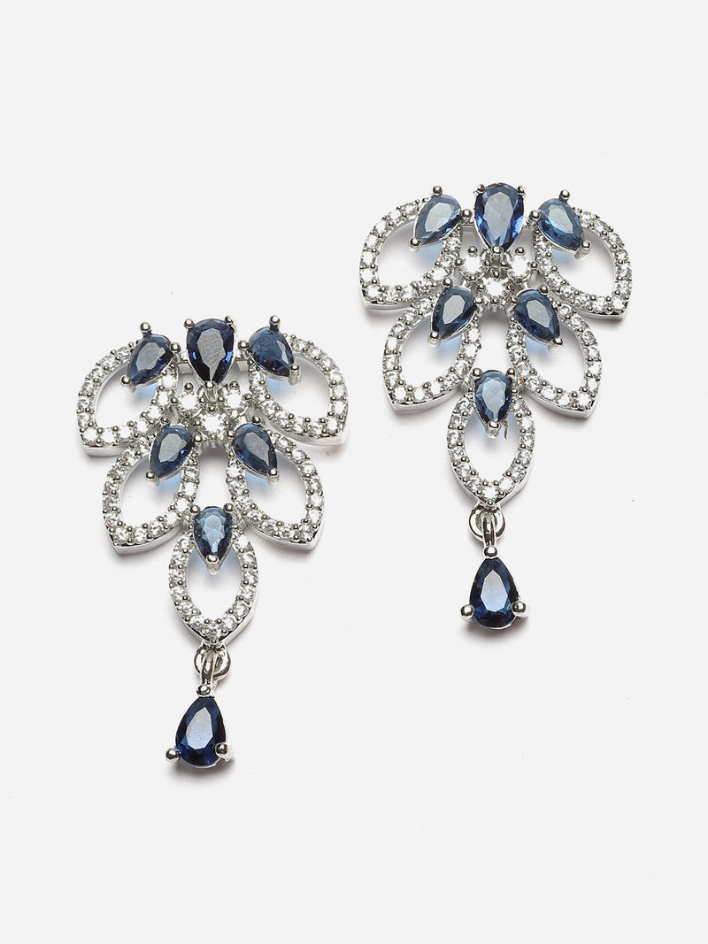 Rhodium-Plated Navy Blue American Diamond Studded Leaf Shaped Necklace with Earrings Jewellery Set