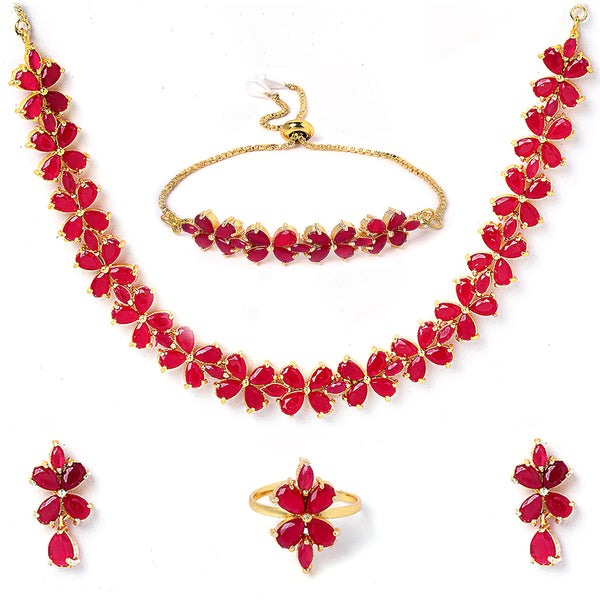 18K Gold-Plated Flower Shaped American Diamond Studded Handcrafted Jewellery Set Combo
