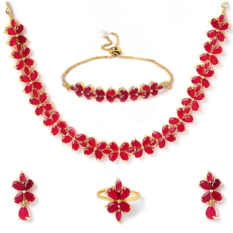 18K Gold-Plated Flower Shaped American Diamond Studded Handcrafted Jewellery Set Combo