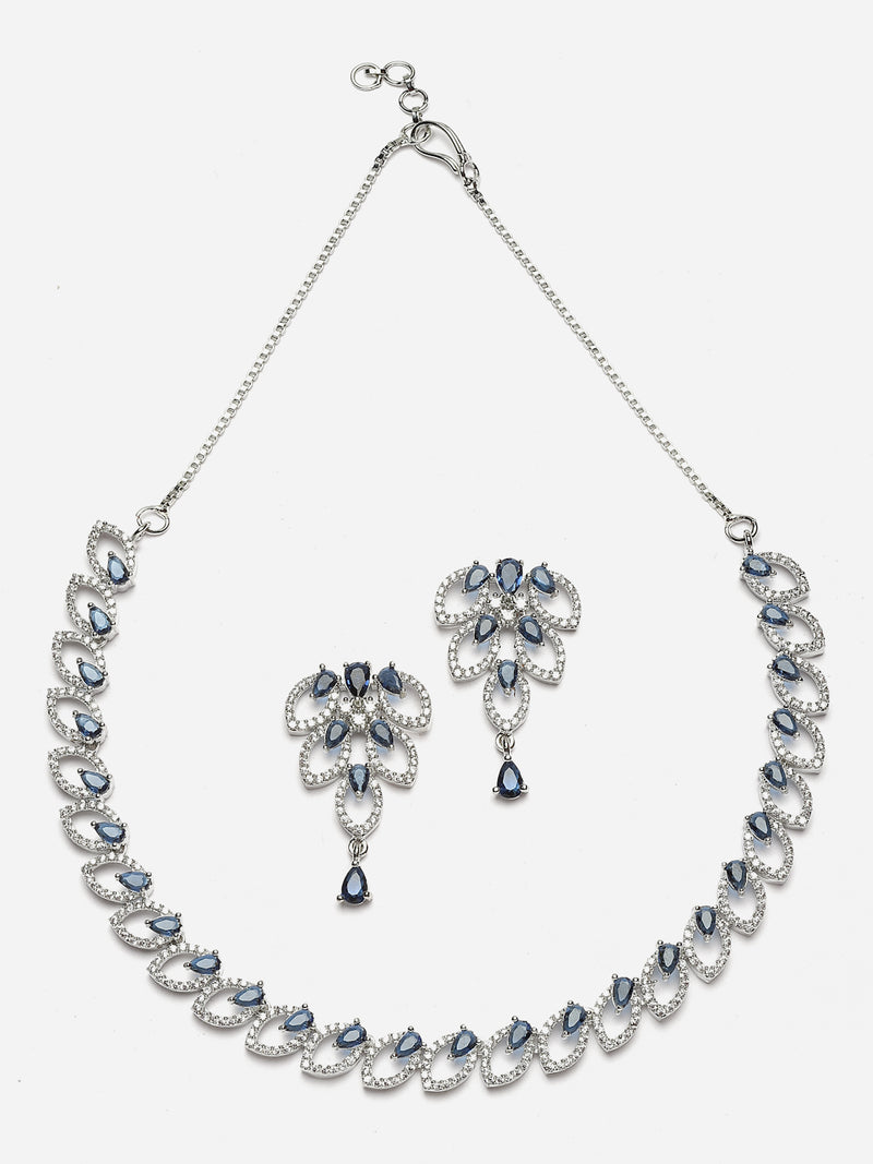 Rhodium-Plated Navy Blue American Diamond Studded Leaf Shaped Necklace with Earrings Jewellery Set