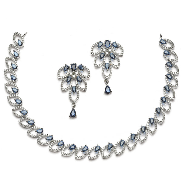 Rhodium-Plated Navy Blue American Diamond Studded Leaf Shaped Necklace with Earrings Jewellery Set