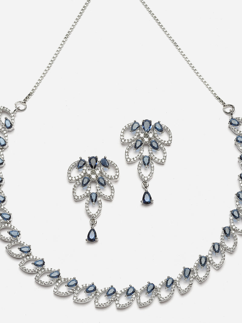 Rhodium-Plated Navy Blue American Diamond Studded Leaf Shaped Necklace with Earrings Jewellery Set