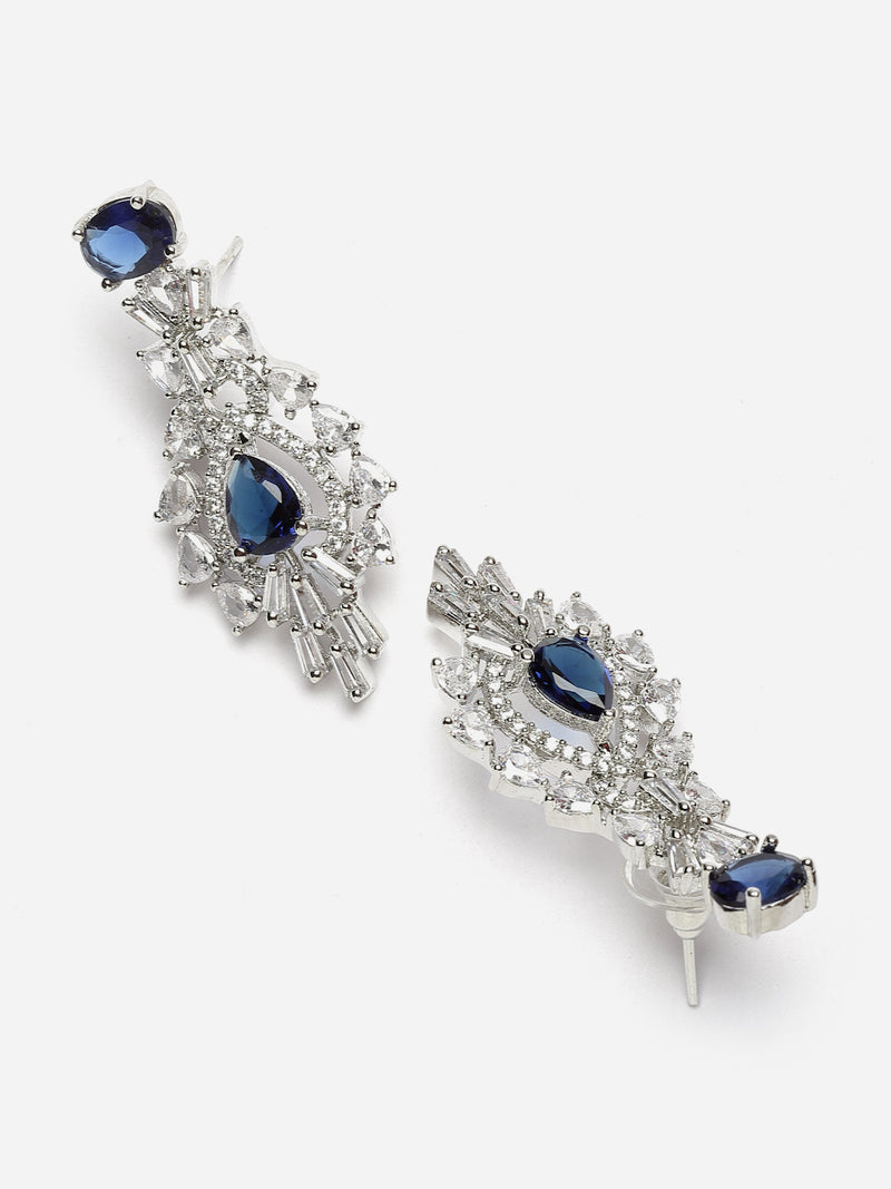 Rhodium-Plated Navy Blue American Diamond Studded Oval & Teardrop Shaped Necklace & Earrings Jewellery Set