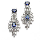 Rhodium-Plated Navy Blue American Diamond Studded Oval & Teardrop Shaped Necklace & Earrings Jewellery Set