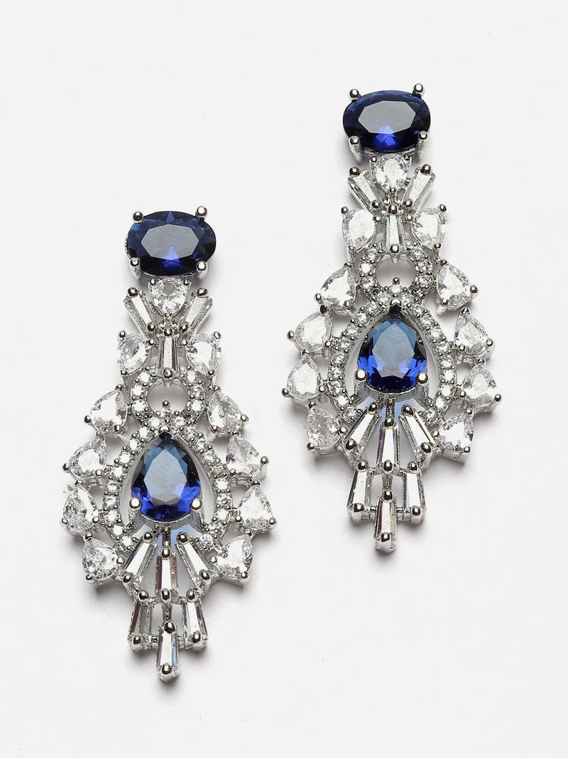 Rhodium-Plated Navy Blue American Diamond Studded Oval & Teardrop Shaped Necklace & Earrings Jewellery Set