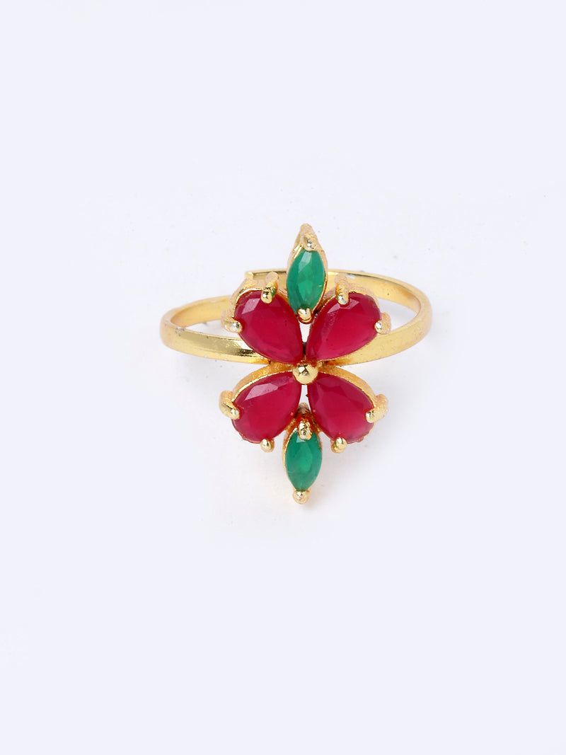 Flower Shaped Green & Red Gold Plated American Diamond Studded Jewellery Set Combo