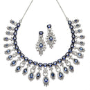 Rhodium-Plated Navy Blue American Diamond Studded Oval & Teardrop Shaped Necklace & Earrings Jewellery Set