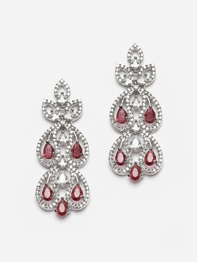 Rhodium-Plated Red American Diamond Studded Paisley Shaped Necklace & Earrings Jewellery Set