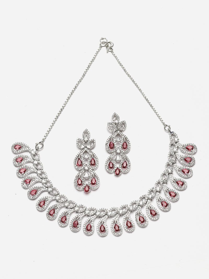 Rhodium-Plated Red American Diamond Studded Paisley Shaped Necklace & Earrings Jewellery Set