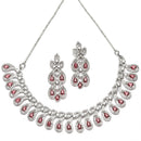 Rhodium-Plated Red American Diamond Studded Paisley Shaped Necklace & Earrings Jewellery Set