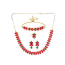 Flower Shaped Green & Red Gold Plated American Diamond Studded Jewellery Set Combo
