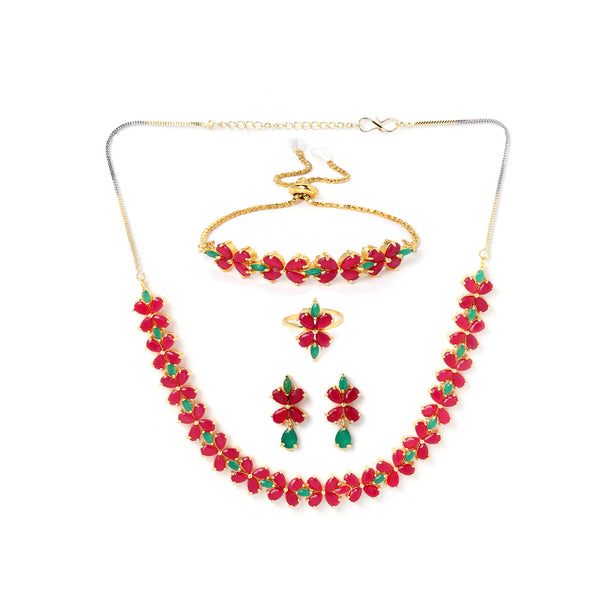 Flower Shaped Green & Red Gold Plated American Diamond Studded Jewellery Set Combo