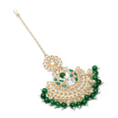Gold-Plated Floral Green Pearl & Kundan studded  Chandbali Maang Tikka