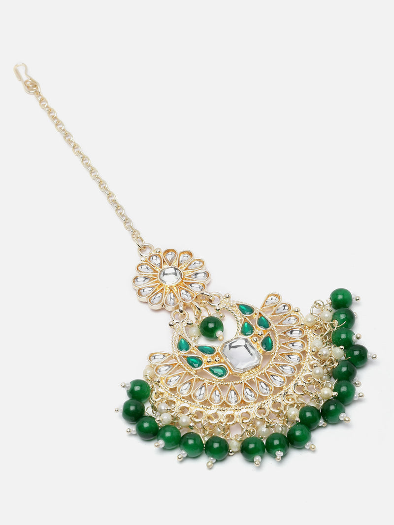 Gold-Plated Green & White Kundan studded Maang Tikka