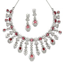 Rhodium-Plated Red American Diamond Studded Teardrop Tasselled Necklace & Earrings Jewellery Set