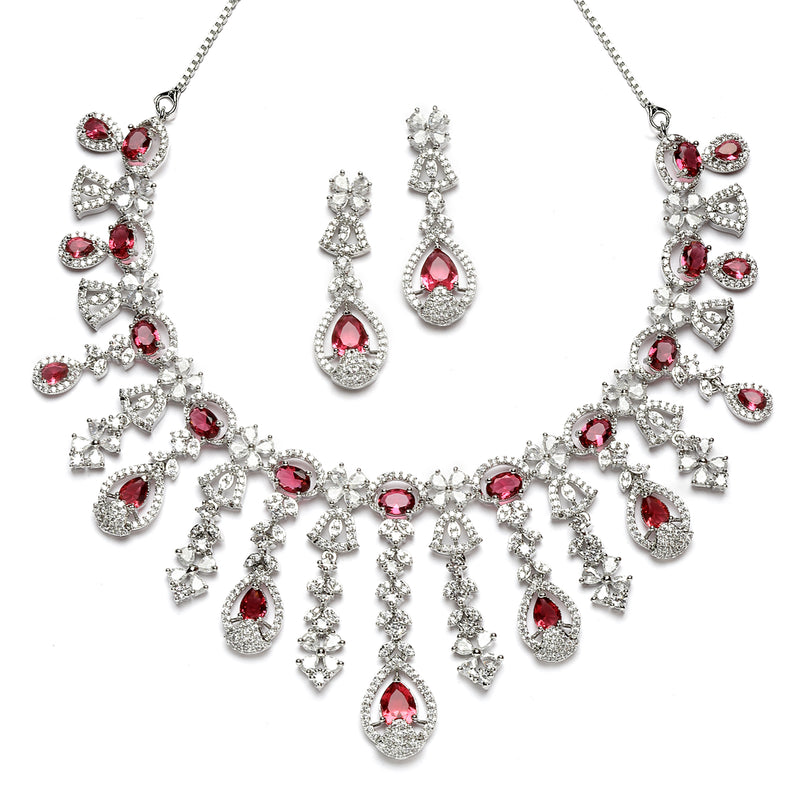 Rhodium-Plated Red American Diamond Studded Teardrop Tasselled Necklace & Earrings Jewellery Set