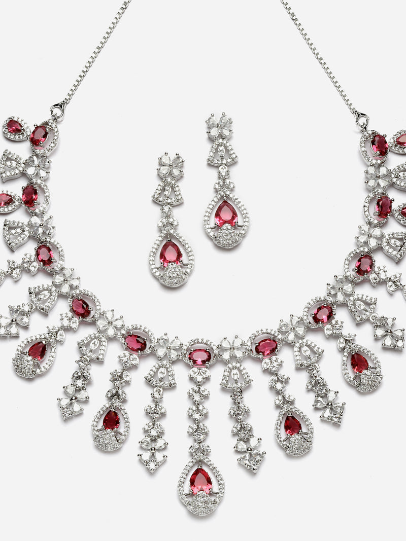 Rhodium-Plated Red American Diamond Studded Teardrop Tasselled Necklace & Earrings Jewellery Set