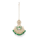 Gold-Plated Floral Green Pearl & Kundan studded  Chandbali Maang Tikka
