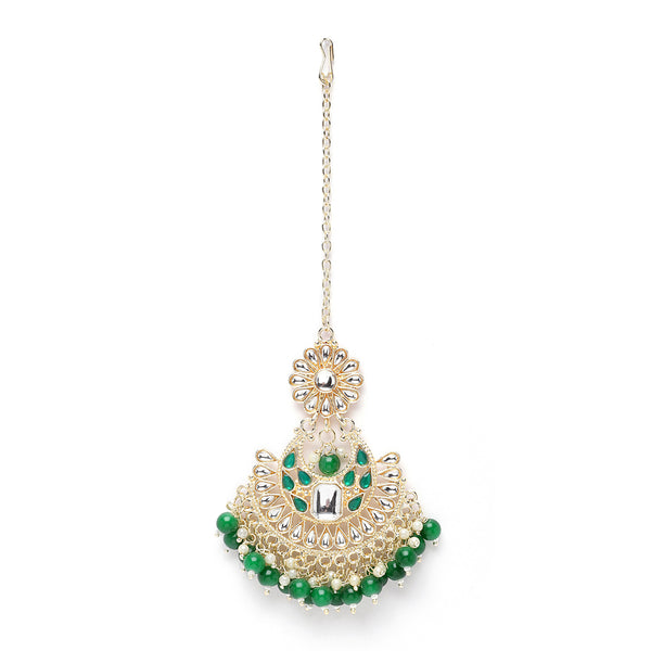 Gold-Plated Floral Green Pearl & Kundan studded  Chandbali Maang Tikka