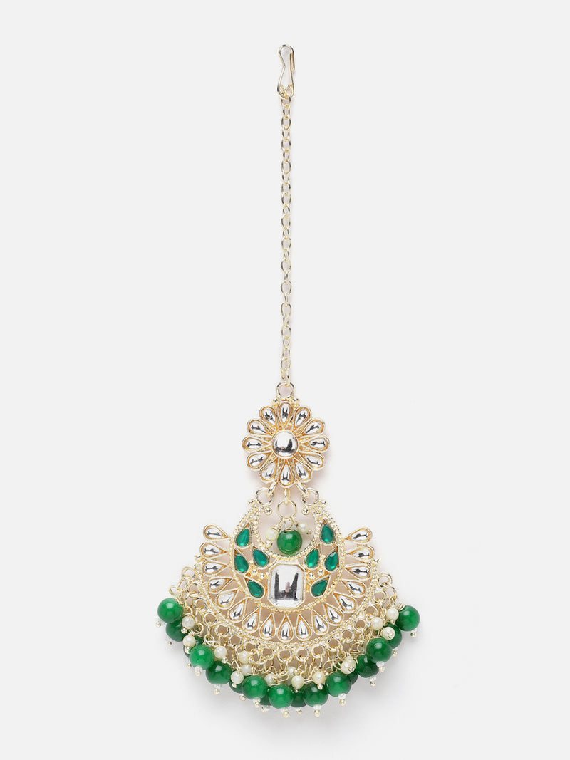 Gold-Plated Green & White Kundan studded Maang Tikka