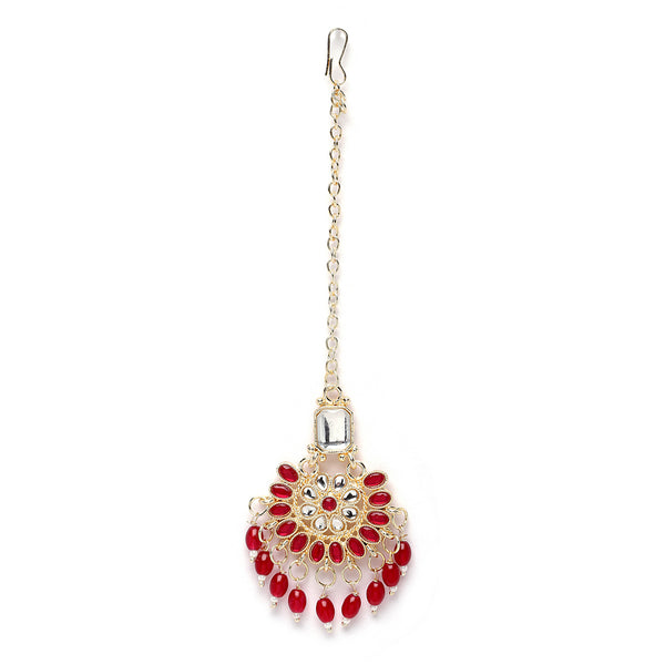 Gold-Plated Square Shaped Floral Red & White Kundan studded Maang Tikka
