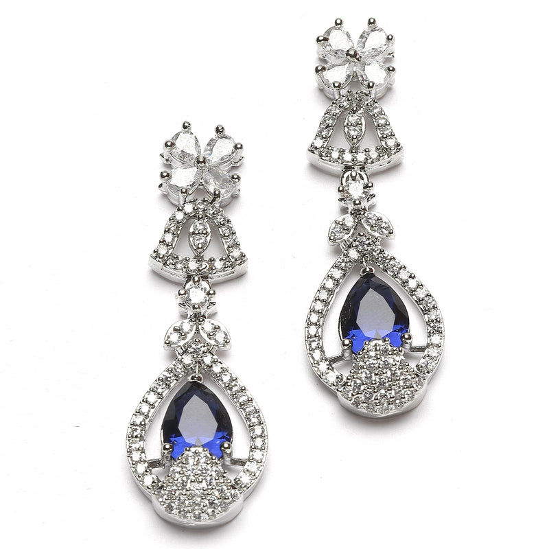 Rhodium-Plated Navy Blue American Diamond Studded Teardrop Tasselled Necklace & Earrings Jewellery Set