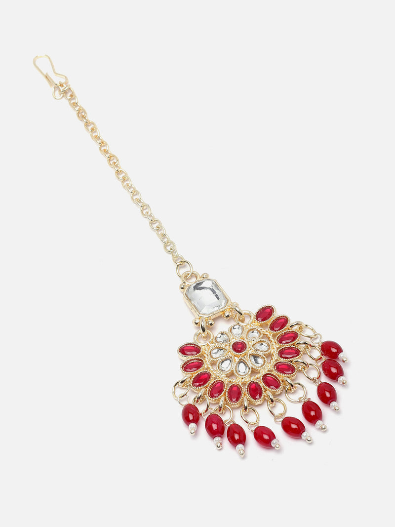 Gold-Plated Red & White Kundan studded Floral Shaped Maang Tikka