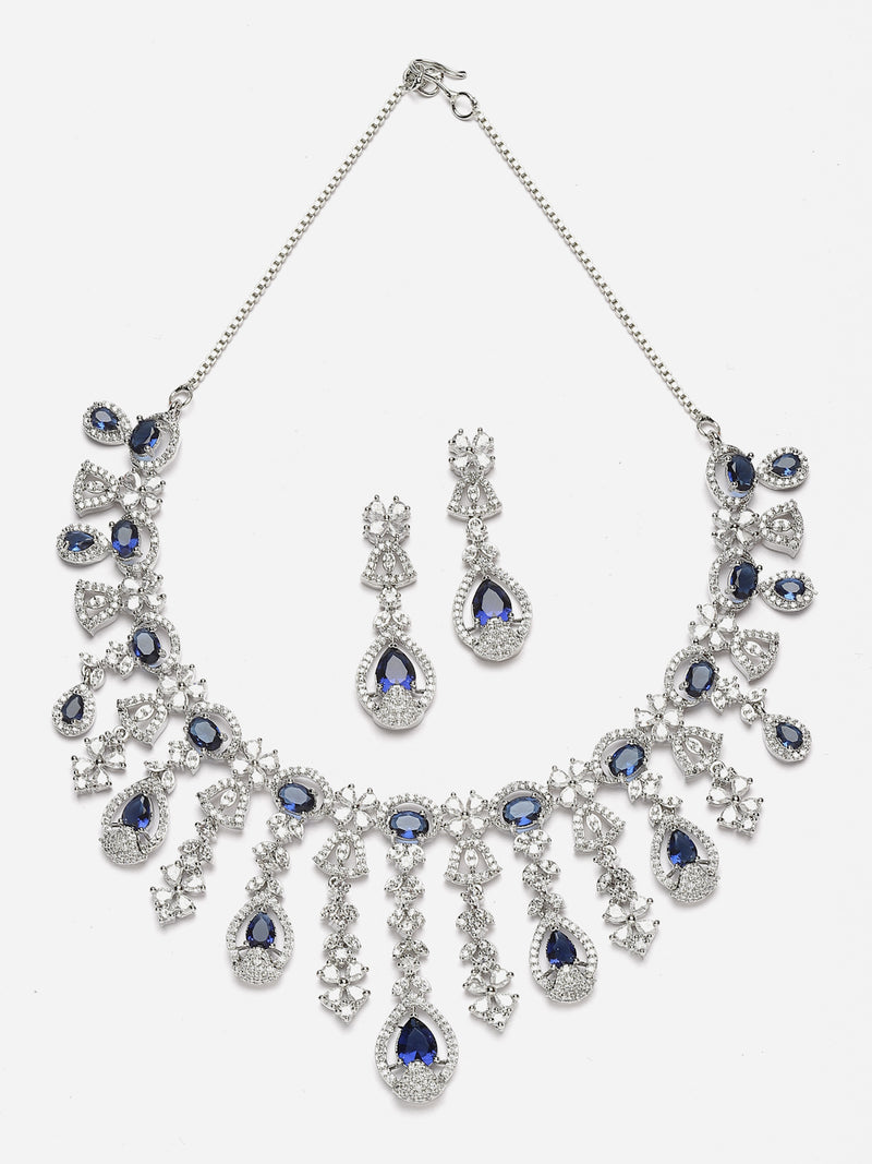 Rhodium-Plated Navy Blue American Diamond Studded Teardrop Tasselled Necklace & Earrings Jewellery Set
