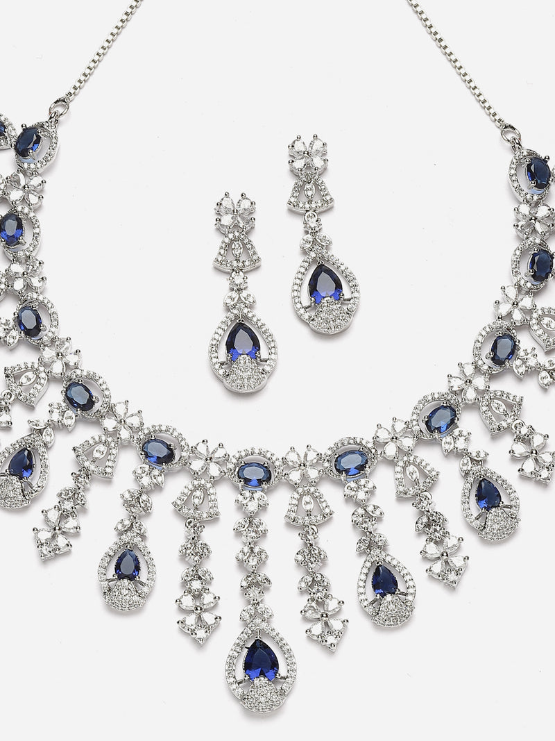 Rhodium-Plated Navy Blue American Diamond Studded Teardrop Tasselled Necklace & Earrings Jewellery Set