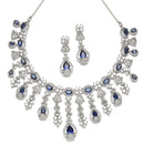 Rhodium-Plated Navy Blue American Diamond Studded Teardrop Tasselled Necklace & Earrings Jewellery Set
