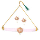 Multi-String Gold-Plated Pink & White Kundan Studded & Beaded Floral Shaped Choker Jewellery Set