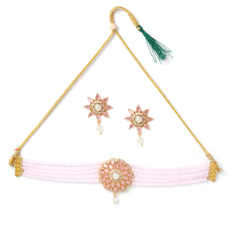 Multi-String Gold-Plated Pink & White Kundan Studded & Beaded Floral Shaped Choker Jewellery Set