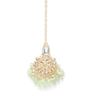 Gold-Plated Square White & Light Green Pearl & Kundan studded  Chandbali Maang Tikka