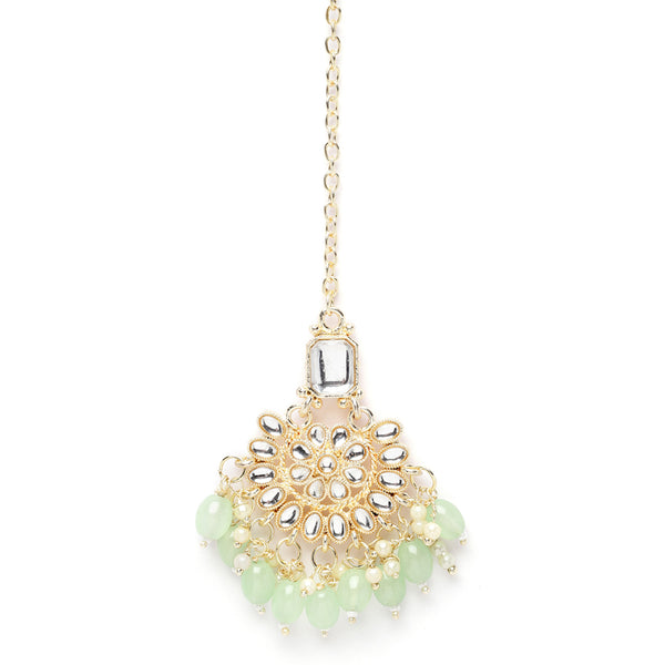 Gold-Plated Square White & Light Green Pearl & Kundan studded  Chandbali Maang Tikka