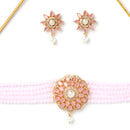 Multi-String Gold-Plated Pink & White Kundan Studded & Beaded Floral Shaped Choker Jewellery Set
