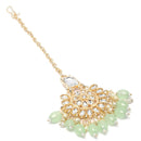 Gold-Plated Square White & Light Green Pearl & Kundan studded  Chandbali Maang Tikka