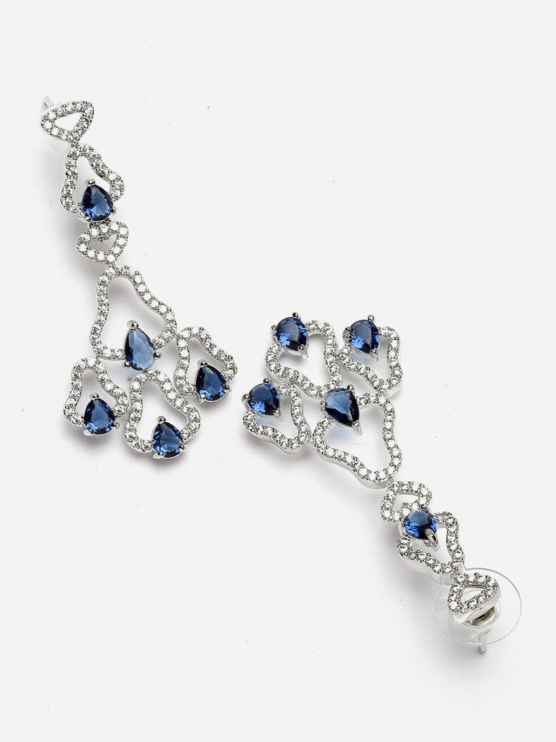 Rhodium-Plated Navy Blue American Diamond Studded Quirky Design Necklace with Earrings Jewellery Set