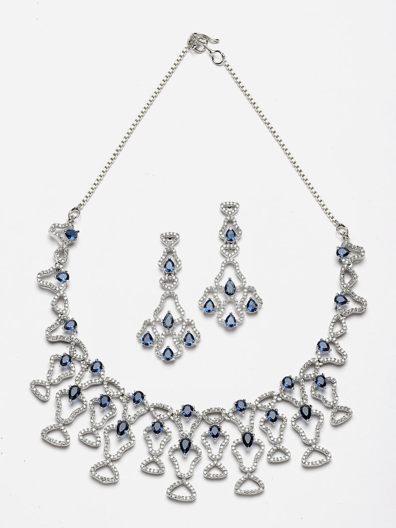 Rhodium-Plated Navy Blue American Diamond Studded Quirky Design Necklace with Earrings Jewellery Set