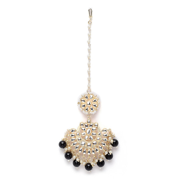 Gold-Plated Floral Black Pearl & Kundan studded  Chandbali Maang Tikka