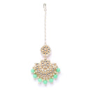 Gold-Plated Floral Sea Green Pearl & Kundan studded  Chandbali Maang Tikka