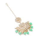 Gold-Plated Floral Sea Green Pearl & Kundan studded  Chandbali Maang Tikka