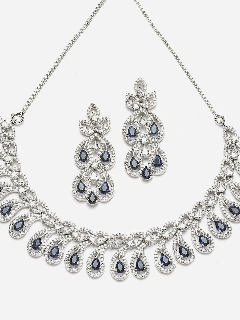 Rhodium-Plated Navy Blue American Diamond Studded Paisley Shaped Necklace & Earrings Jewellery Set