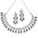 Rhodium-Plated Navy Blue American Diamond Studded Paisley Shaped Necklace & Earrings Jewellery Set